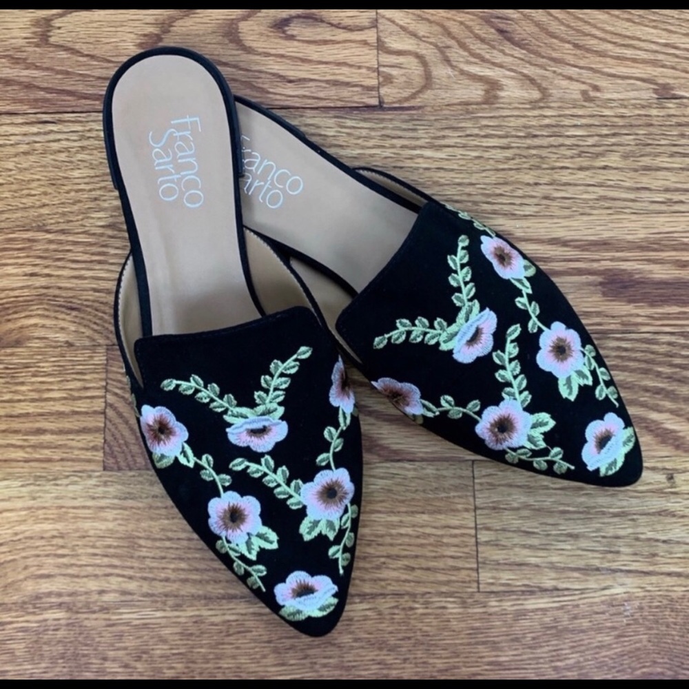Franco Sarto Black Embroider Floral Mules Size 8